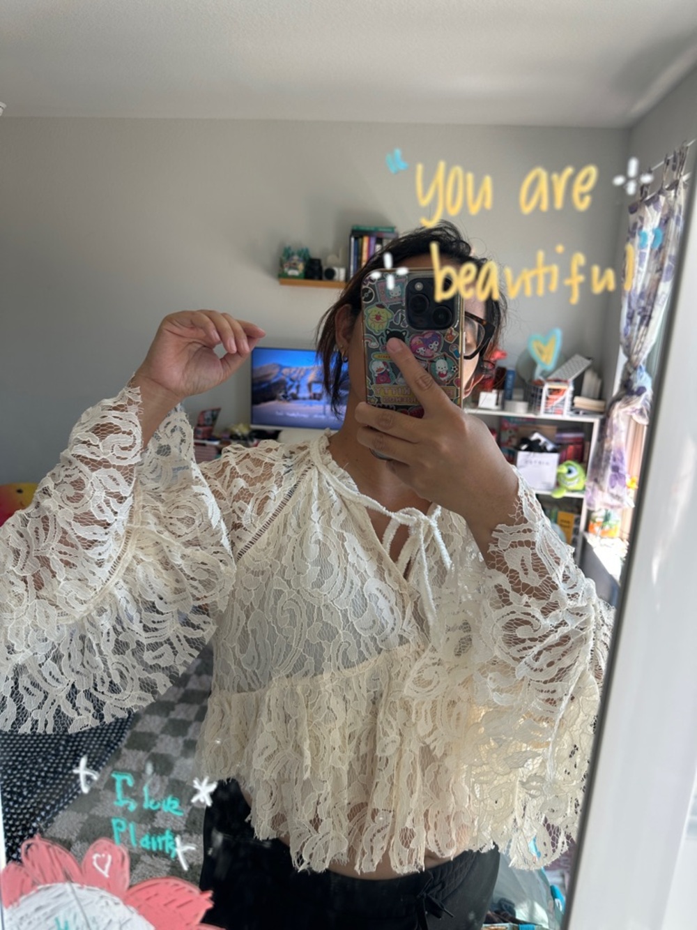 Blue B. Cream Floral Lace Tiered Ruffle Boho Bell Sleeve Blouse Size M - Picture 8 of 10
